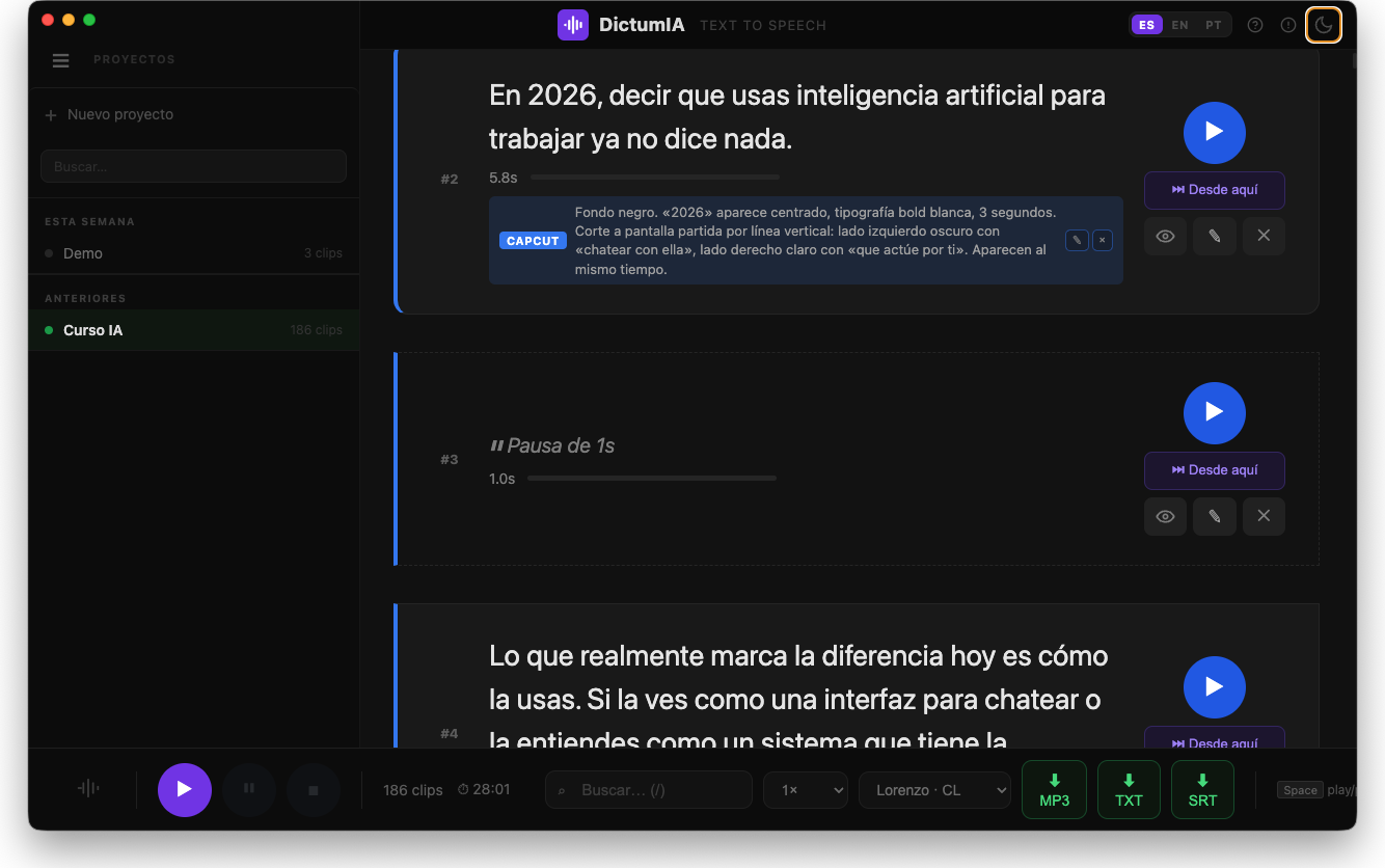 Interfaz de Dictum TTS en modo oscuro