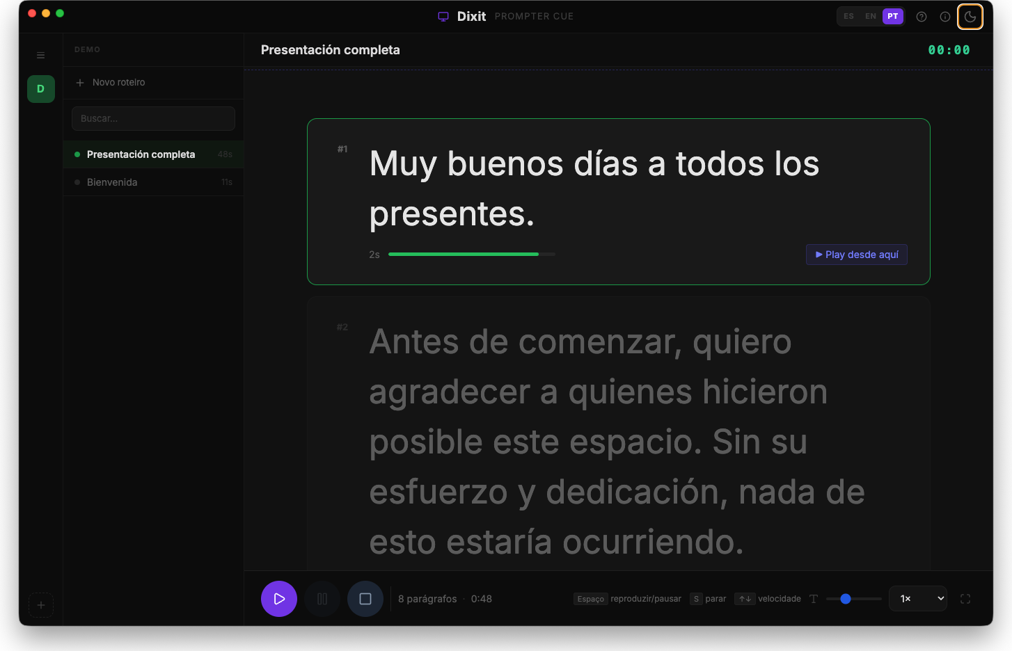 Interfaz de Prompter CUE en modo oscuro