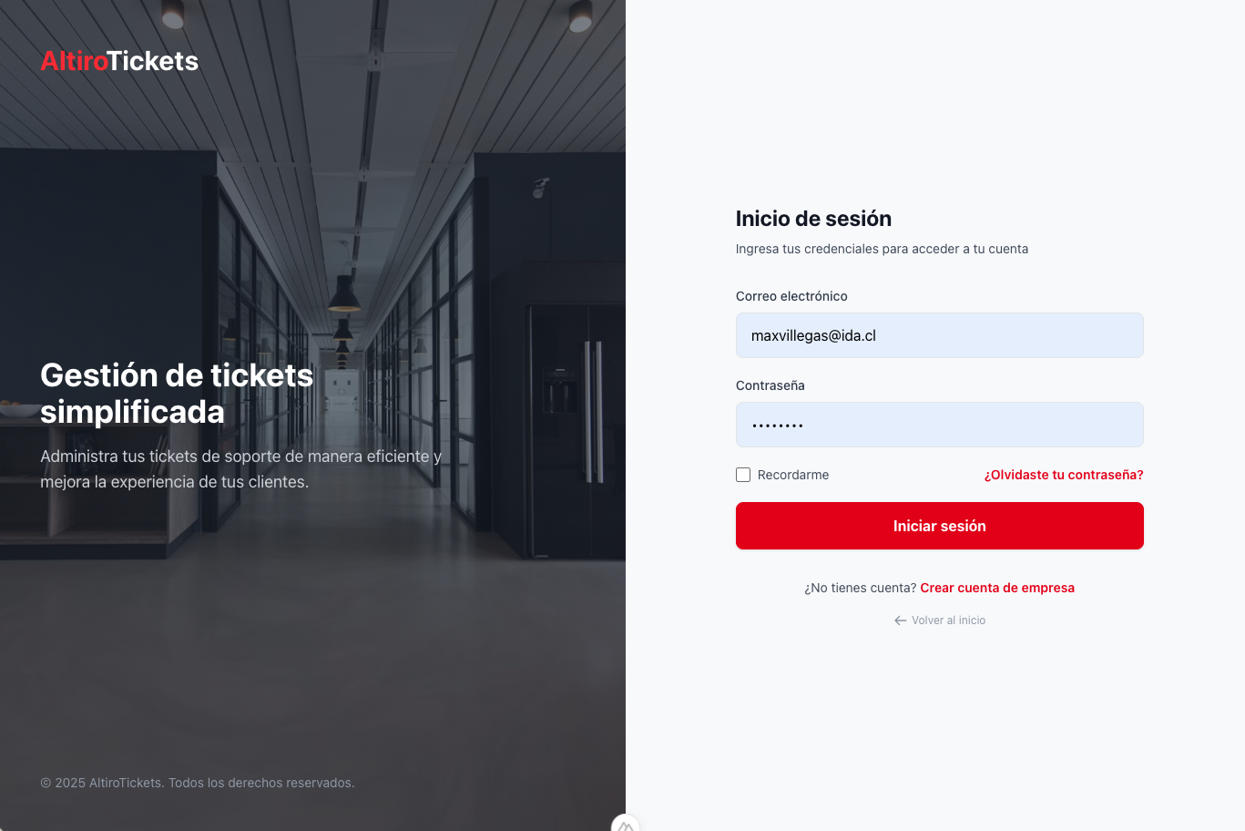 Pantalla de acceso del sistema de tickets
